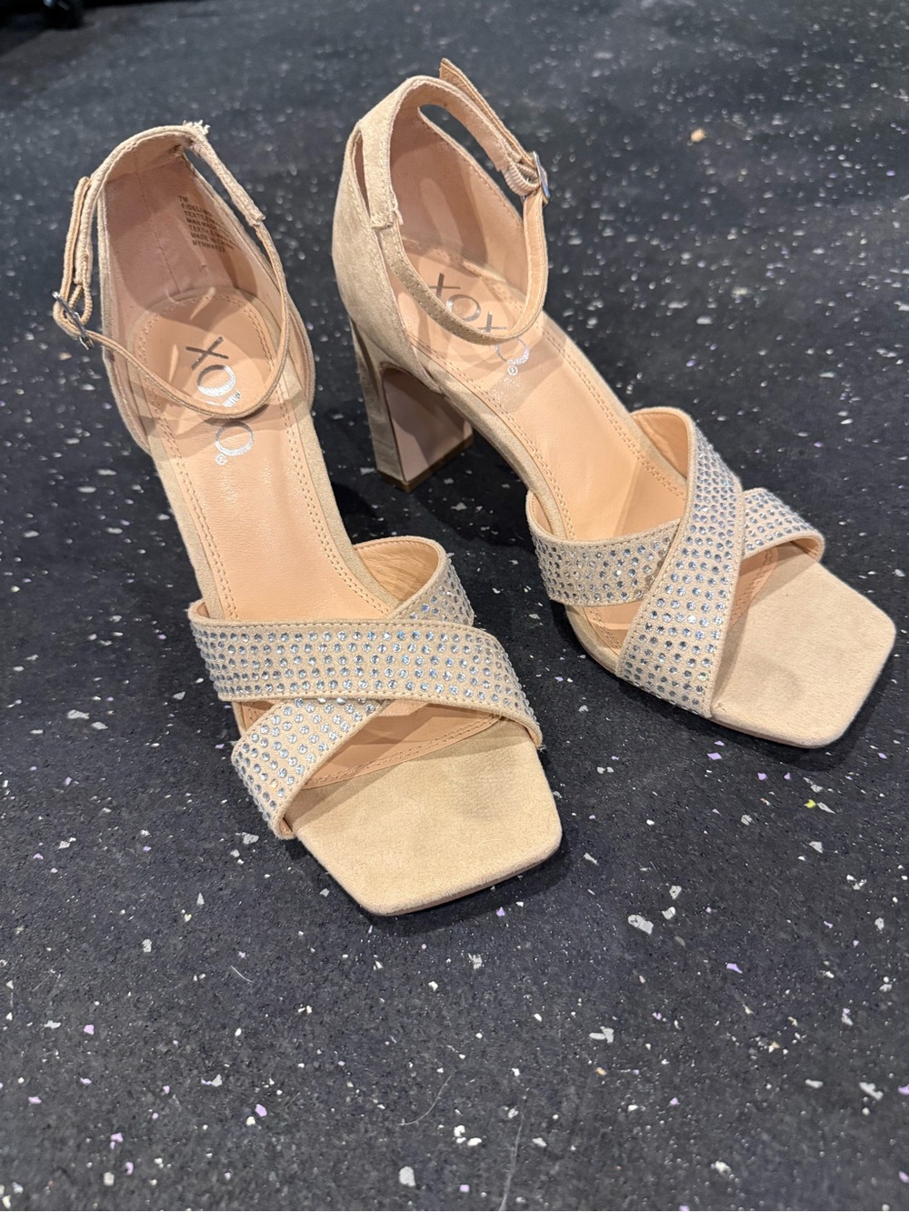 XOXO Beige Rhinestone Crisscross Block Heel Sandals